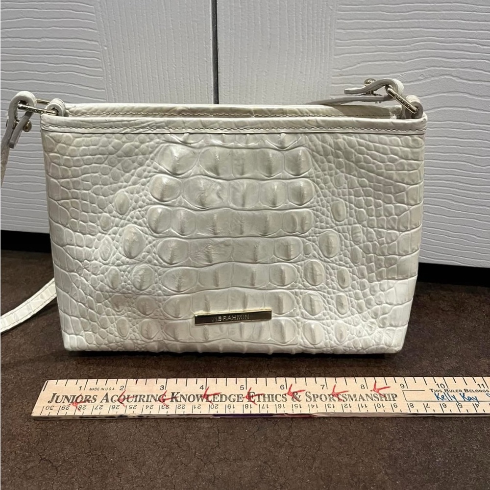 Brahmin White Shoulder Bag with Textured Surface and Silver Hardware